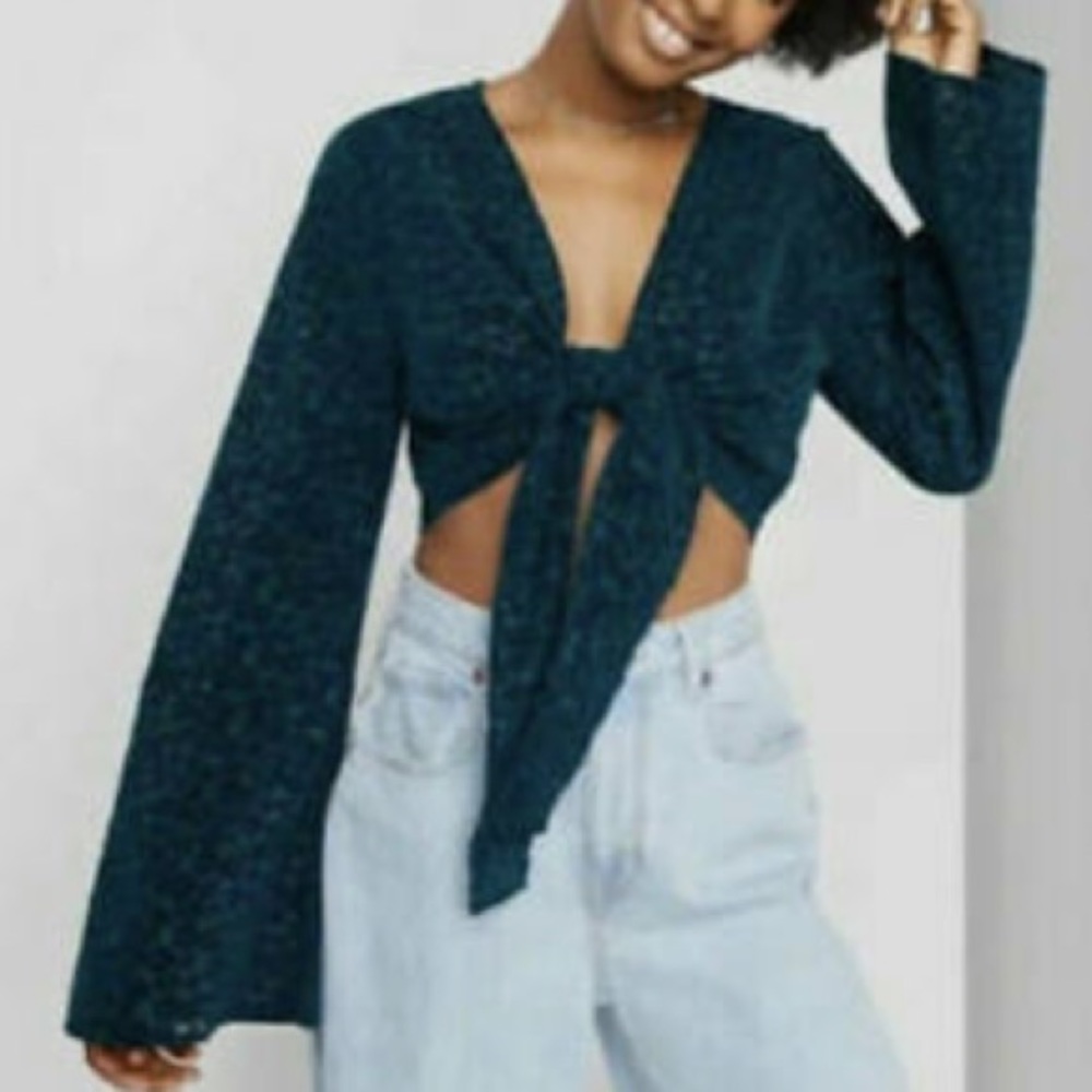 Wild Fable Teal Lace tie bell sleeve top
